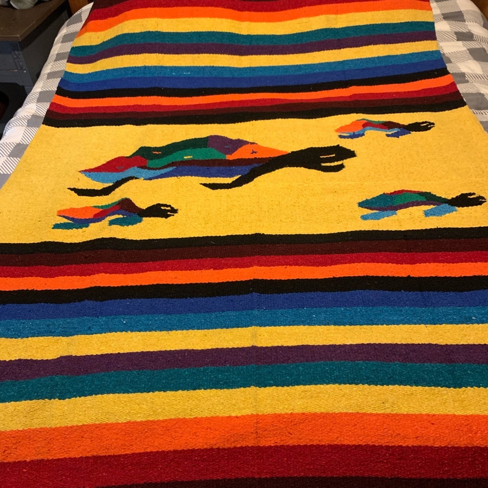 Yellow Mexican Blanket Yoga Mat Rainbow Sea Turtle Style Serape Pride 48”- 76”